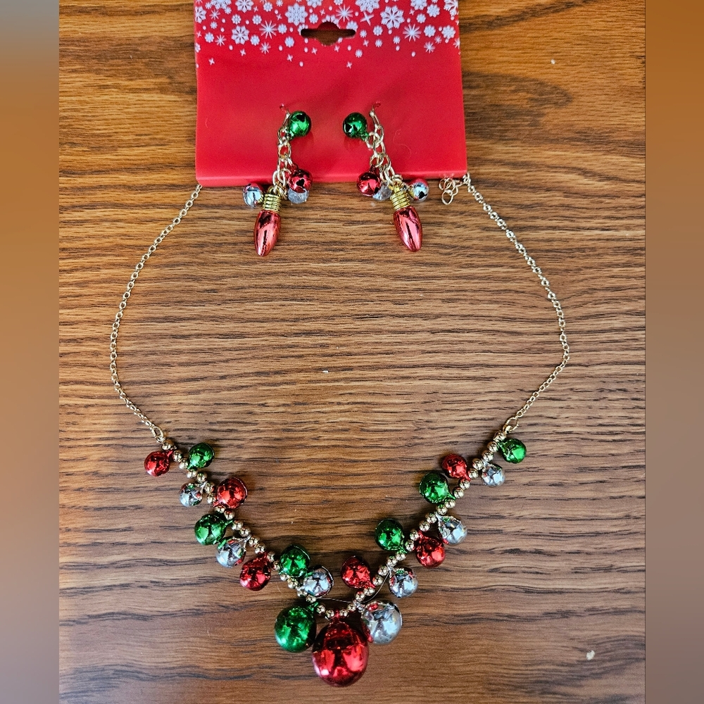 Festive Christmas Red and Green Holiday Bell Necklace and Earring Set